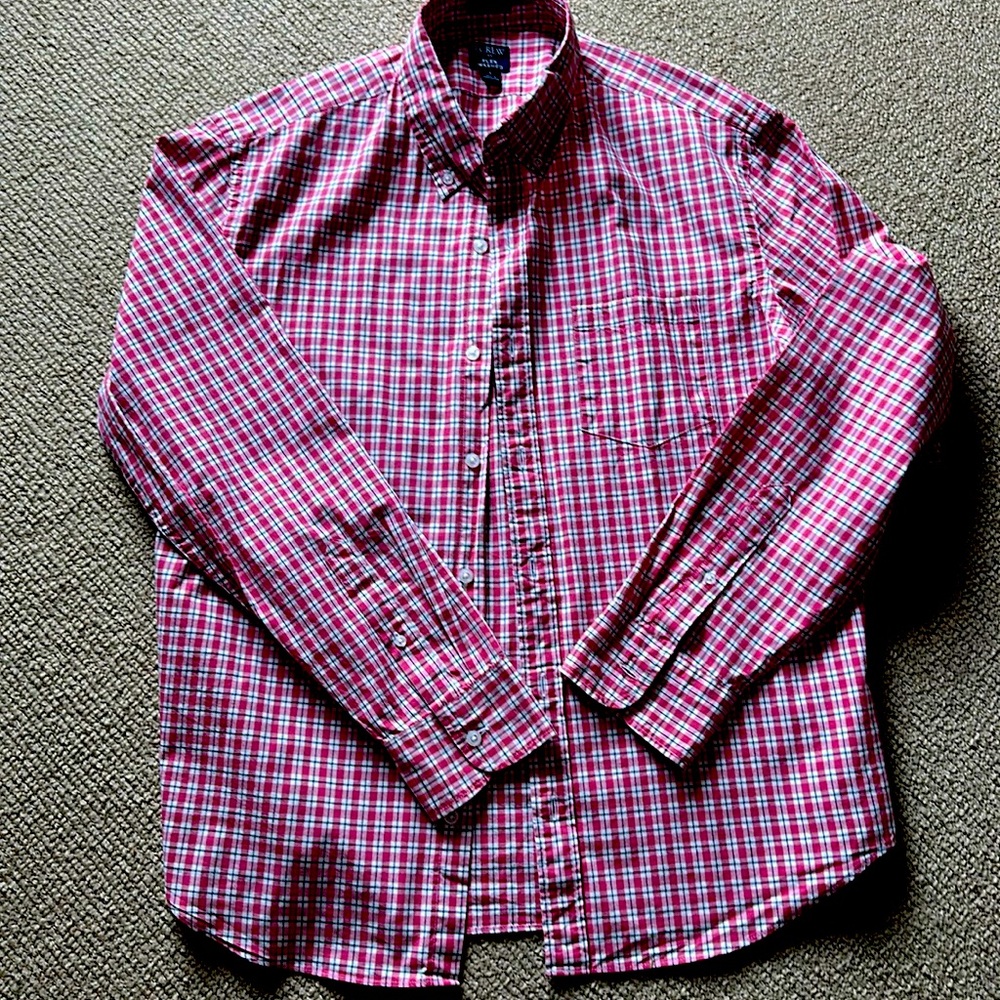 J Crew mens sz L EUC SLIM UNTUCK flex washed cotton salmon wht w/blk check shirt